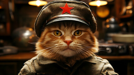 Ginger Cat in Uniform: A Feline Officer's Serious Gaze, Military Style