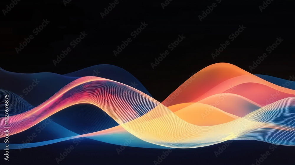 Poster dynamic abstract illustration shows flowing lines with vibrant colors like orange blue, pink. wavy p