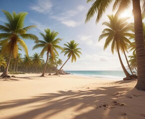 Fototapeta premium Warm sandy beach with palm trees swaying gently in the breeze, sandy beach, , tropical ocean beach