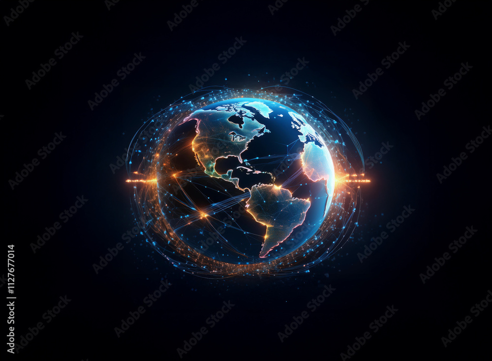 Poster a digital rendering of earth, glowing with interconnected lines of light, suggesting global communic