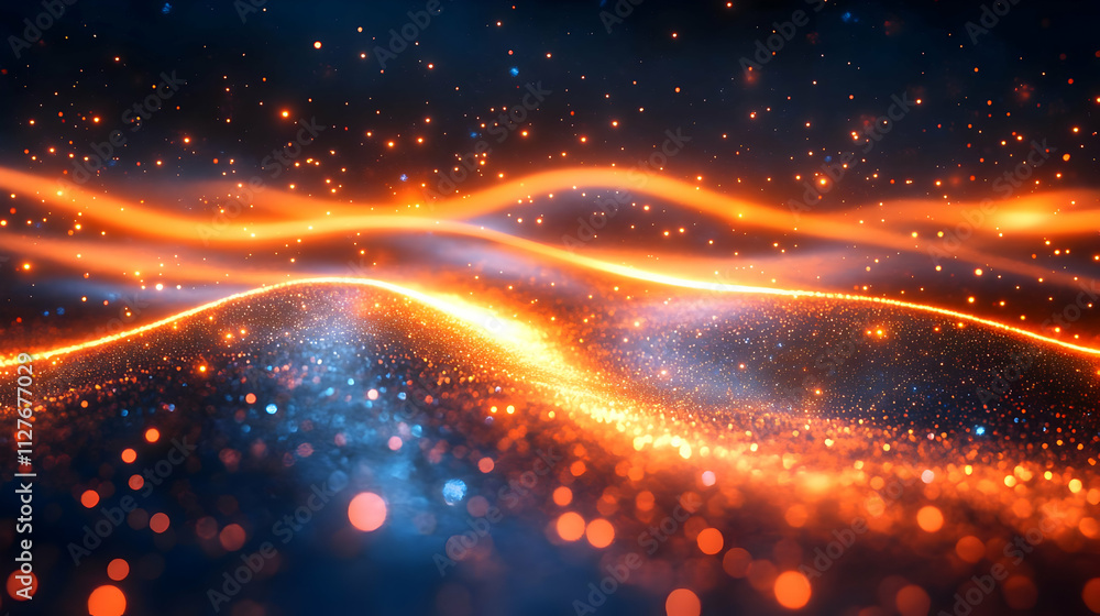 Poster Glowing Particles Flow Dynamically Across Dark Landscape