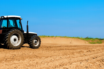 Obraz premium Tractor is plowing field. Tractor in field with blue sky. A tractor transporting sand in a field. A tractor transporting sand in a field lifestyle with blue sky.