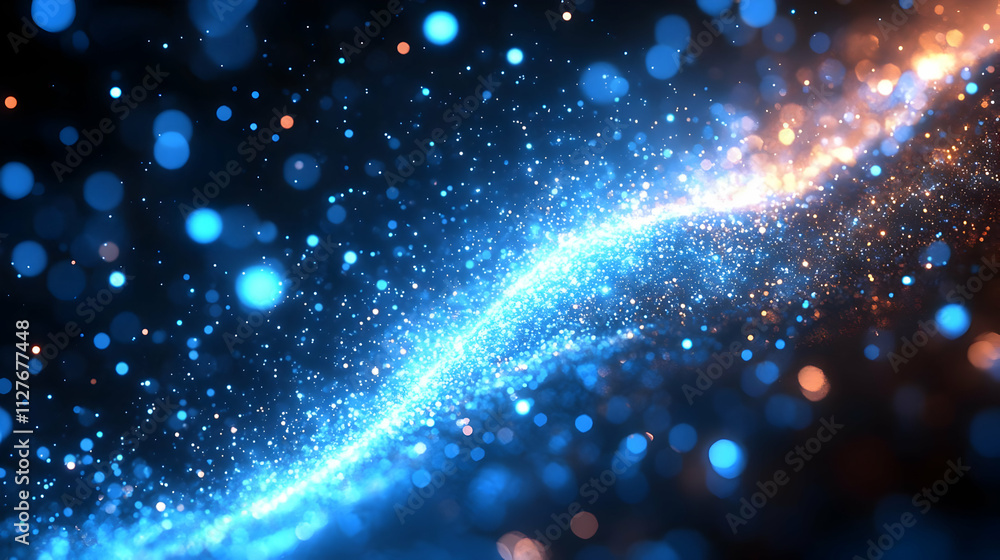 Poster blue & orange glimmering particles flow dynamically across screen