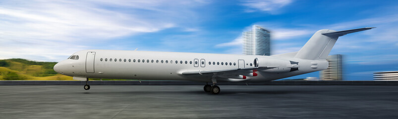 Commercial airplane take off from the runway with a blue sky background
