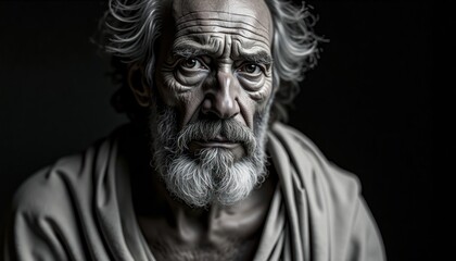 Aged man with weathered face. Deep wrinkles, profound wisdom etch face. High contrast chiaroscuro lighting highlights dramatic toga draped around. Intense piercing eyes suggest deep thought