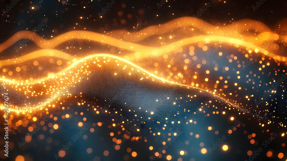 Poster glowing particle waves flow dynamically across screen