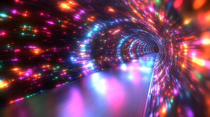 Fototapeta premium Vibrant Neon Tunnel: Light Show Journey Through Colorful Space