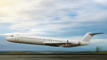 Commercial airplane landing on the runway with a blue sky background