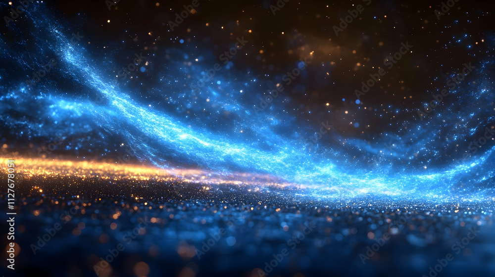 Poster blue & gold particle waves flow dynamically