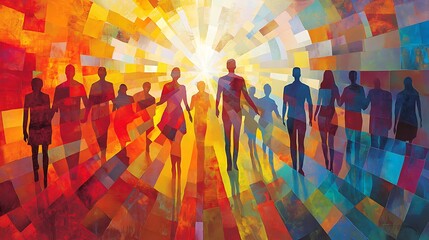 Silhouetted figures walking towards a radiant light, symbolizing hope, unity, and community.