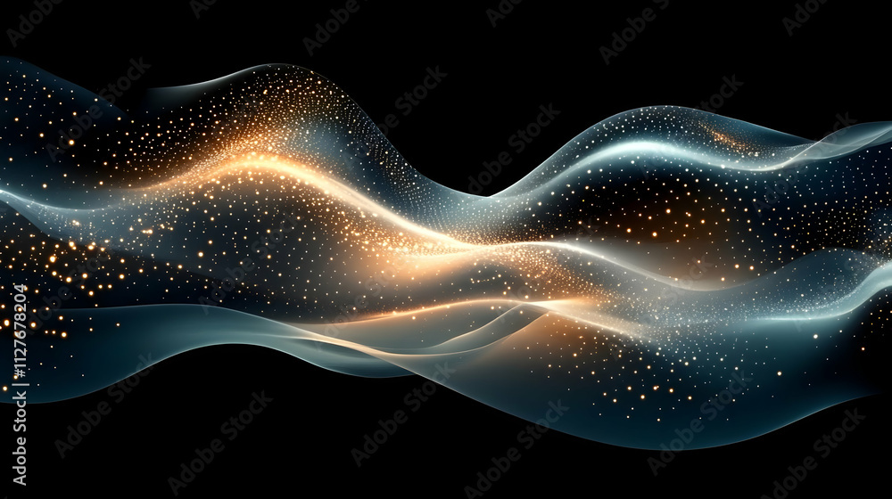 Poster glowing particles flowing dynamically across dark background, abstract art design