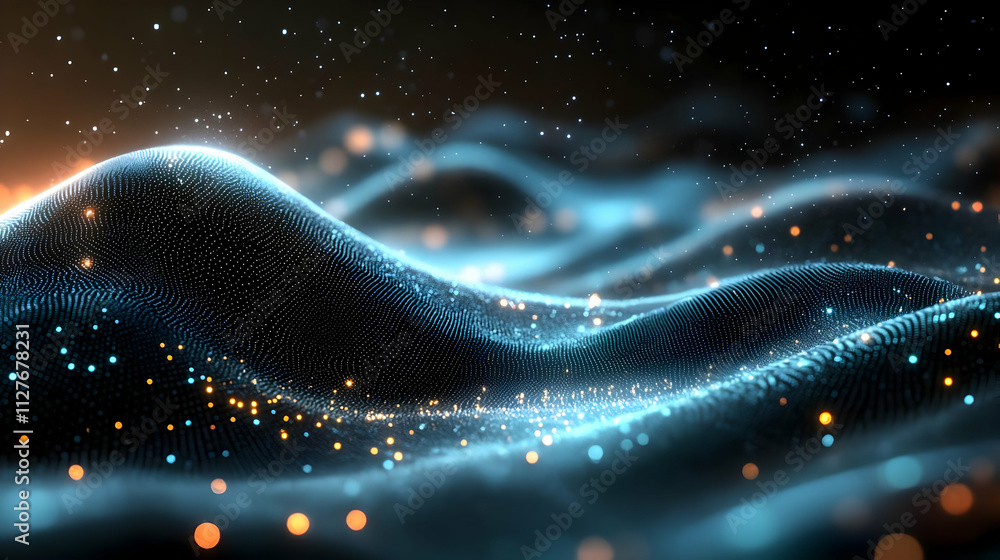 Poster digital particles flowing, creating abstract waves