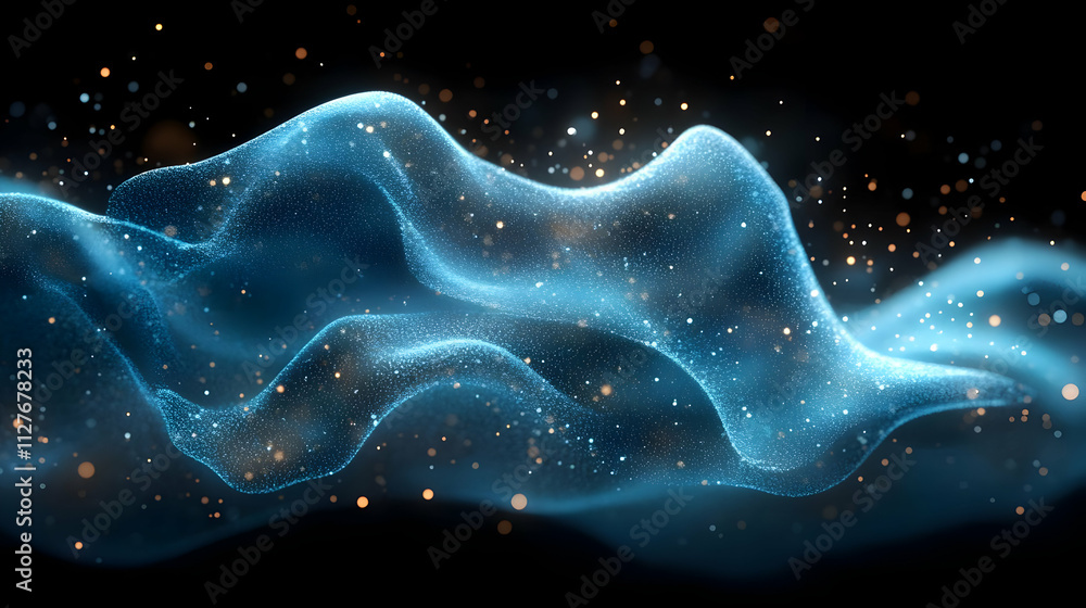 Poster glowing particles flow dynamically, creating abstract art