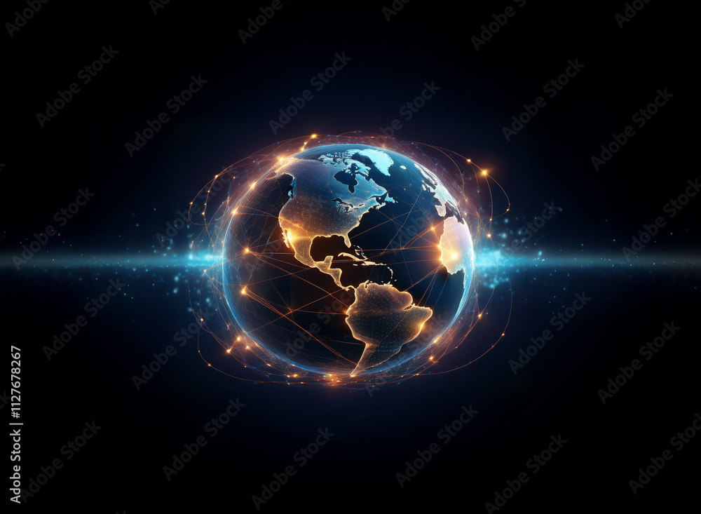 Poster a stylized earth globe, glowing with nodes and lines, representing global network connections and di