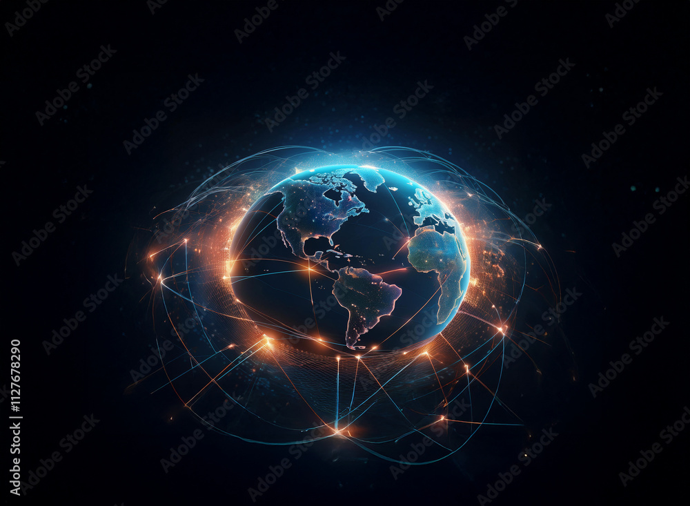 Poster a glowing digital earth, enveloped in a network of interconnected lines, symbolizes global communica