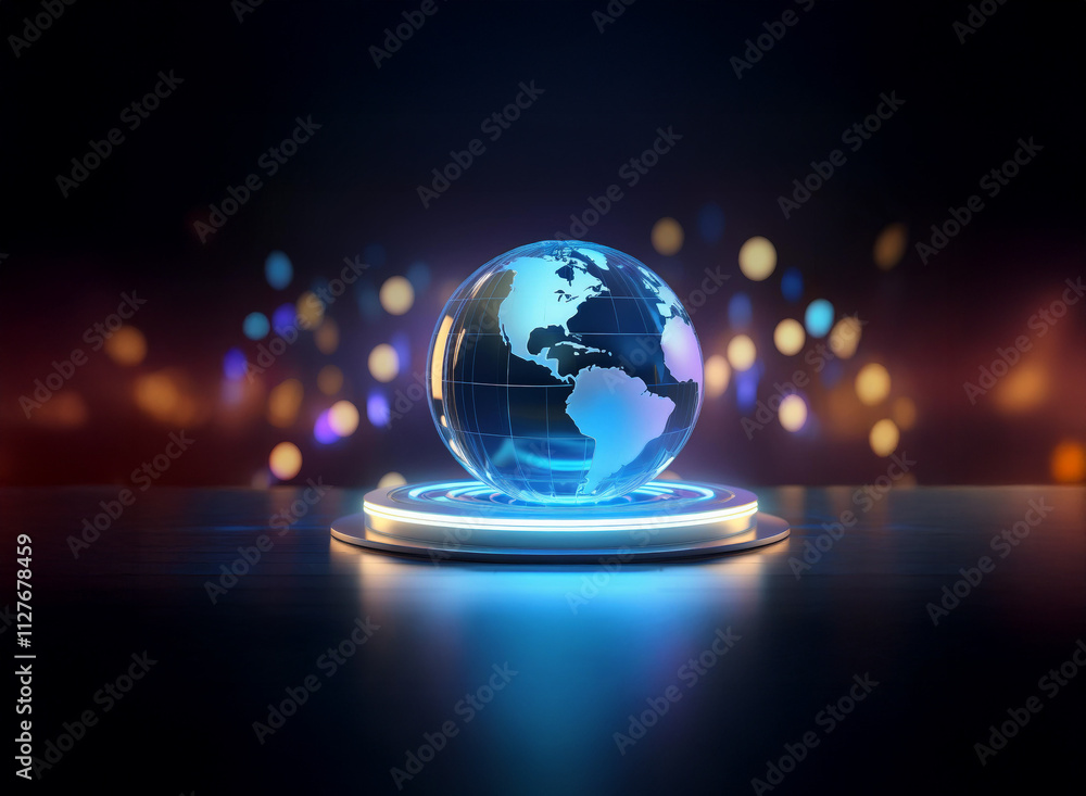 Poster a translucent, glowing earth rests on a futuristic, illuminated platform. surrounded by a bokeh of v