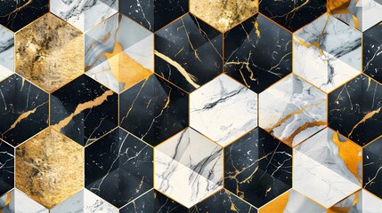 Seamless pattern of black, white and gold marble hexagon tiles with golden borders.