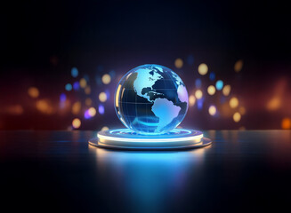 A translucent, glowing Earth rests on a futuristic, illuminated platform.  Surrounded by a bokeh of vibrant colors, it evokes a sense of global connectivity and technological advancement.