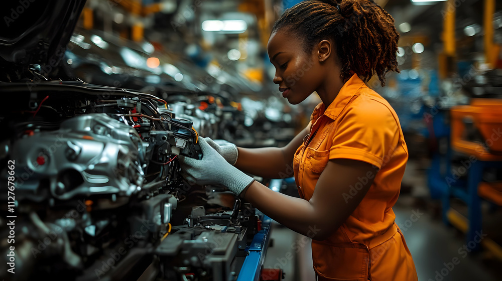 Poster factory worker assembles car engine parts with precision and skill