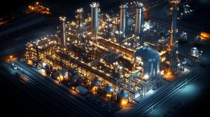Fototapeta premium Illuminated Industrial Refinery Complex At Night