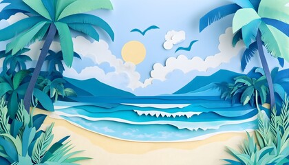 A paper cut illustration of a beautiful tropical beach landscape