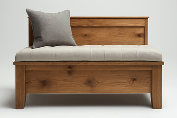 Photographie d'un banc de rangement en bois avec assise matelass&eacute;e et finition naturelle, design simple, sur fond blanc