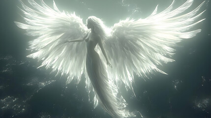 Angelic Figure Soars, Wings Gleaming, Serene Underwater Fantasy
