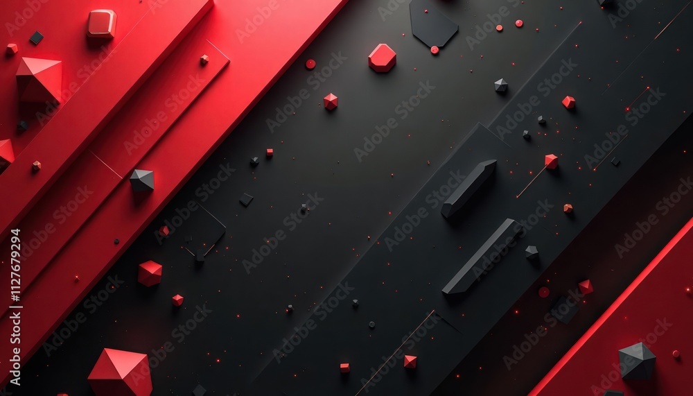 Poster abstract design with geometric shapes in red, black. red, black shapes create dynamic visual effect.