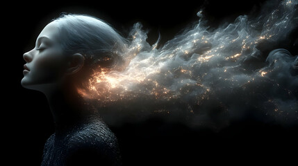 Woman's Hair Transforms, Energy Flows, Abstract Art, Digital Creation, Mystical Aura, Glowing Particles