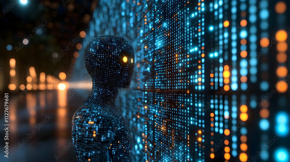 Aufkleber digital being interacts with data streams in futuristic cityscape