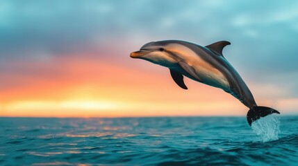 Fototapeta premium Dolphin Leaping Mid-Air Against Sunset Horizon