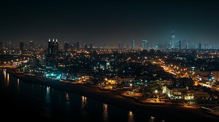 Obraz premium Nighttime Cityscape Illuminating Coastal Buildings And Skyline