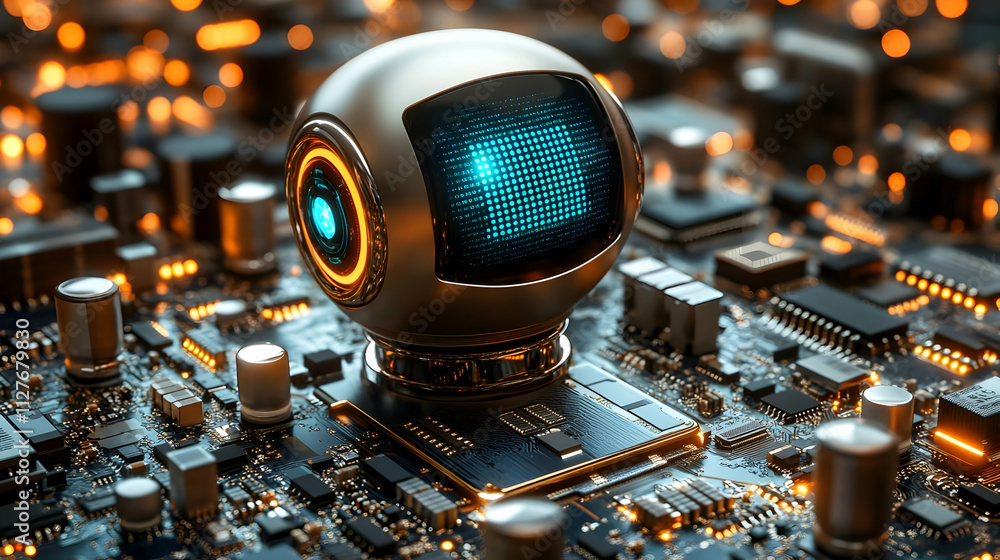 Poster futuristic robot displays digital code on circuit board