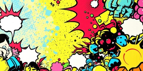 A vibrant and colorful comic book background featuring action-packed illustrations and speech bubbles, speech bubbles, action-packed