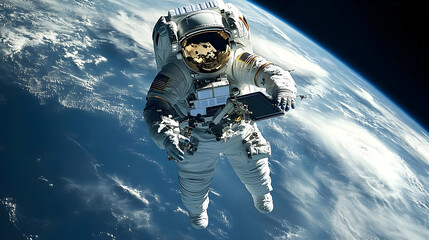 Astronaut Floating in Space Above Earth's Clouds