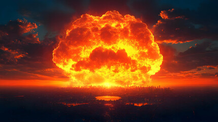 Fototapeta premium Nuclear Blast Devastation: City Destroyed by Fire, Inferno Apocalypse