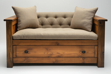 Fototapeta premium Photographie d'un banc de rangement en bois avec assise matelassée et finition naturelle, design simple, sur fond blanc