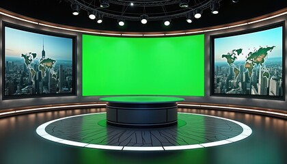 Empty round studio set with green screen. Modern virtual tv studio design. Round podium in center. Screens show world map, cityscapes. Suitable for news broadcasts presentations. 3D rendering of tv