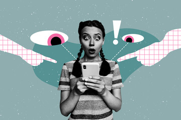 Creative composite sketch design artwork collage of young lady read news smartphone security vision...