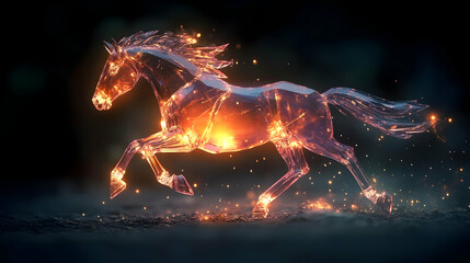 Glass Horse Runs Fiercely, Glowing Brightly in Dark Night