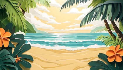 Paper cut illustration of a beautiful and tropical beach landscape
