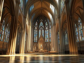 Obraz premium Grand cathedral interior, stained glass, high arches.