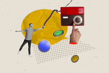Creative art banner collage of astonished man stand broke retro telephone device cable coin usd...