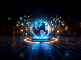 A glowing digital Earth hovers on a platform, surrounded by vibrant, abstract lights, suggesting global connectivity and technological advancement.