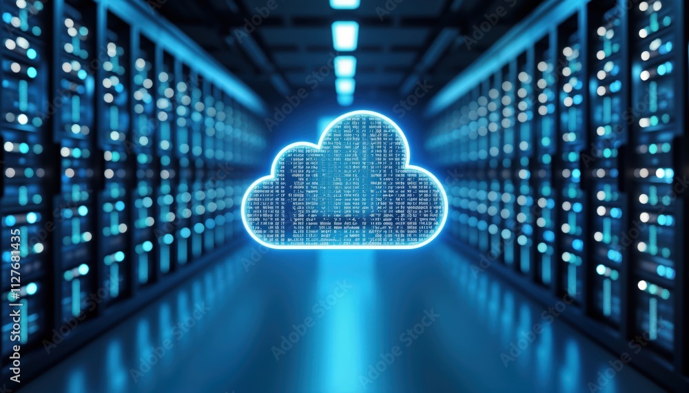 Aufkleber Futuristic server room filled with illuminated tech racks. Cloud storage symbol glows with data. Modern data center interior with glowing neon lights. Network infrastructure highlighted. Advanced