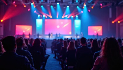 Large audience attends tech event. People seated in auditorium. Stage lit with vibrant colors. Digital displays visible on stage. Interactive displays, digital ticketing enhance attendee experience.