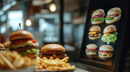 Restaurant menu board shows various burgers, fries. Digital display in foreground of eatery. Tasty burgers, fries appealing for customers. Digital menu board attracts customers to order. Restaurant