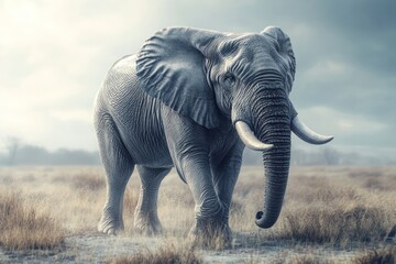 Fototapeta premium Large elephant walks across grassy savanna.