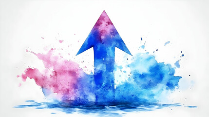Blue Arrow Soars Through Watercolor Splashes Upward