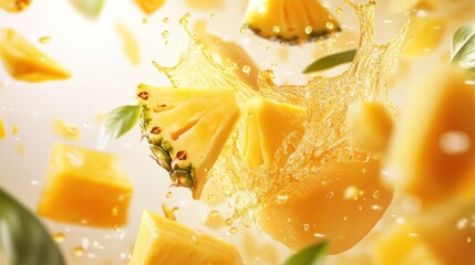 A lively burst of fresh pineapple slices and chunks mid-air, surrounded by golden juice splashes, water droplets, and greenery, on a bright white background.